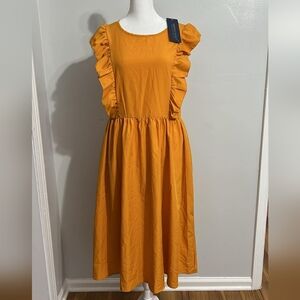 Chic Mustard Ruffle Sleeve Midi Dress